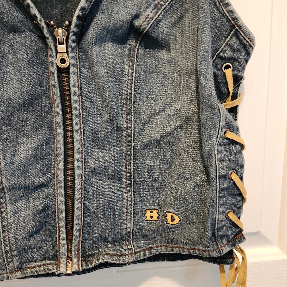 Womens Harley Davidson Denim Vest Laced Sides Sz M Y2K Bikercore Biker Moto - Picture 4 of 5